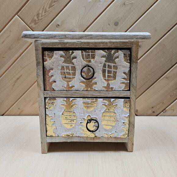 Coastal decorative whitewashed wood jewelry bx Gold Pineapple Design County Boho - Picture 1 of 10